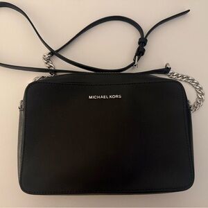 Michael Kors Black Leather Crossbody Messenger with Chain Detail